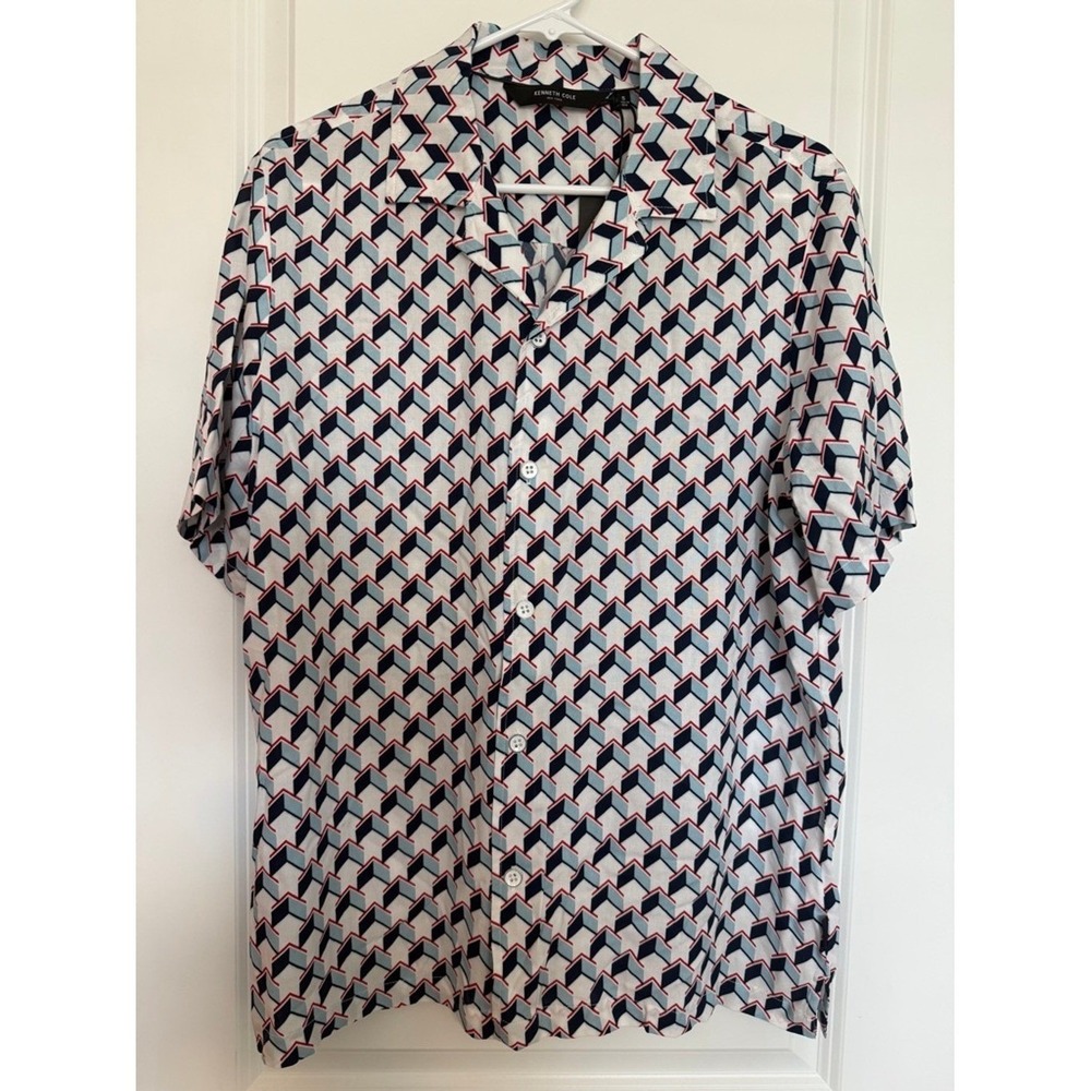 Kenneth Cole New York Men‎ Geometric Print Short Sleeve Button Up Size Small